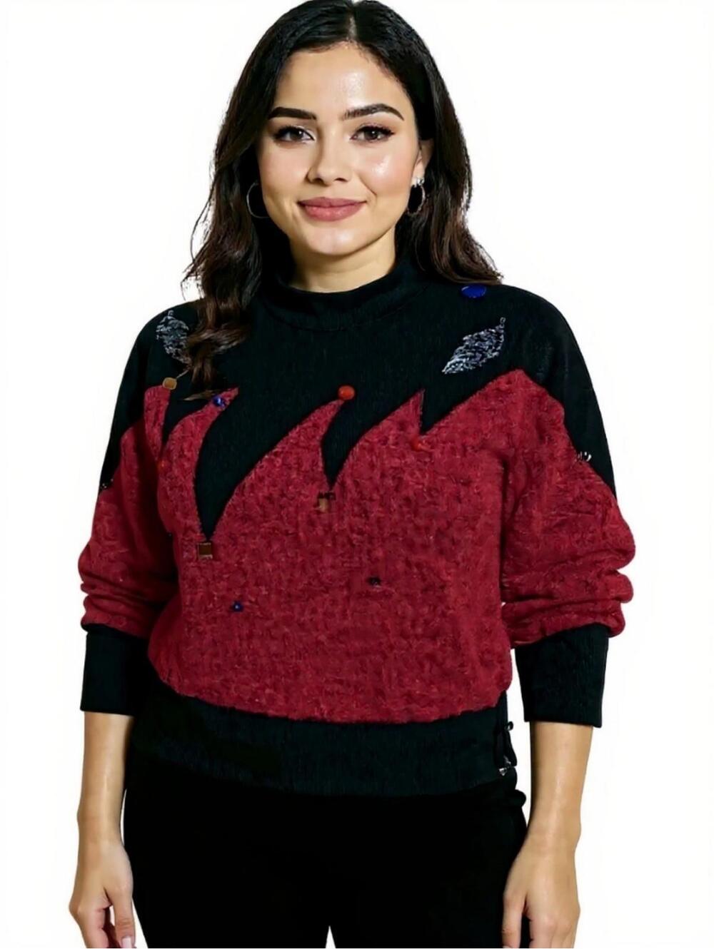 Vintage 80s Tulip Sweater Womens Size M Red Black Beaded Milano Italy 42 Embroid